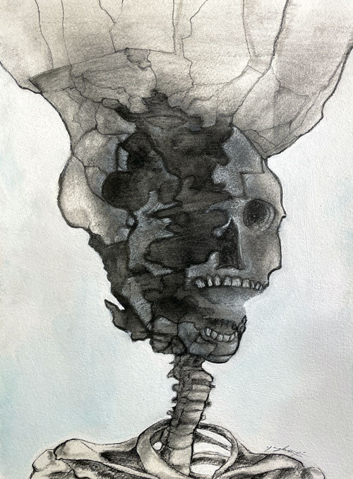 Shattered Skull - Mixed Media Drawing
